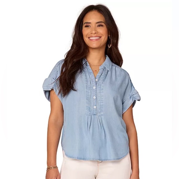 Democracy Blue Lyocell Ruched Sleeve Blouse Top - Picture 5 of 5